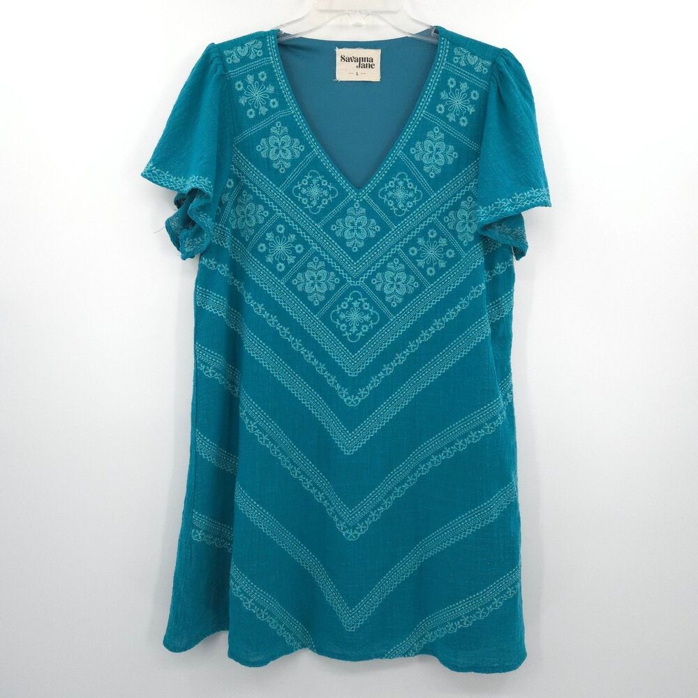 Savanna Jane embroidered dress Size L teal green v-neck flutter sleeve Boho